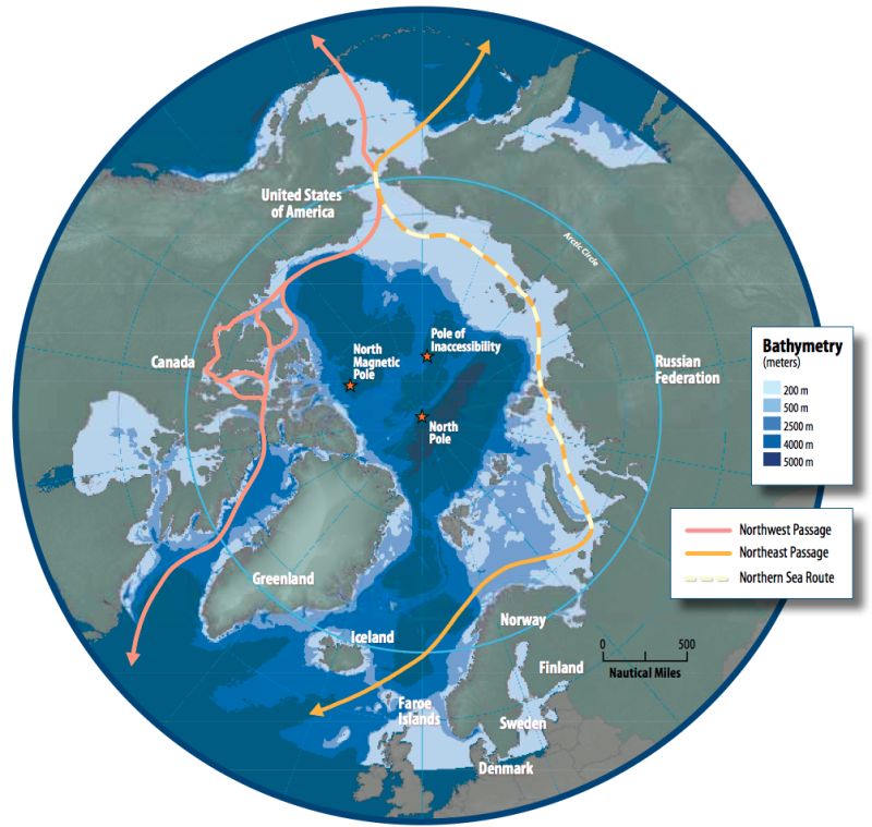 Map of the Arctic region showing the Northeast Passage the Northern Sea Route and Northwest Passage and bathymetry